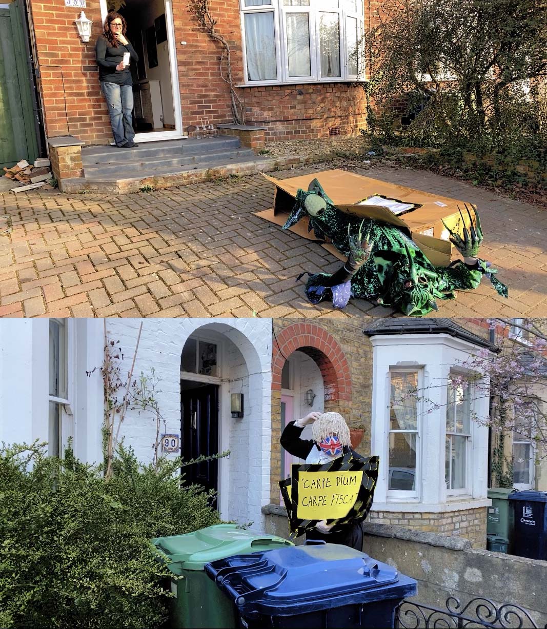 A four part image. Top left Aaron, a white man is wearing a Boris Johnson-like wig and a union jack face mask, he holds a sign saying, 'carpe diem, carpe fisca?' Top right Aaron is lying down covered in trash. Bottom left Aaron is dressed in a green fantasy costume and mask coming out of a cardboard box. Bottom right Aaron is dressed in a camouflage cloak holding a flag that says, 'shag the flag'.