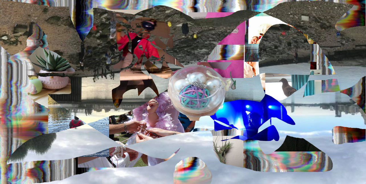 A collage of variously shaped cropped images. We can make out images of a pigeon, a succulent, a beach, a white person wearing a pink feather boa and tieing pink string to their wrist, colourful rubber bands and white pearls.