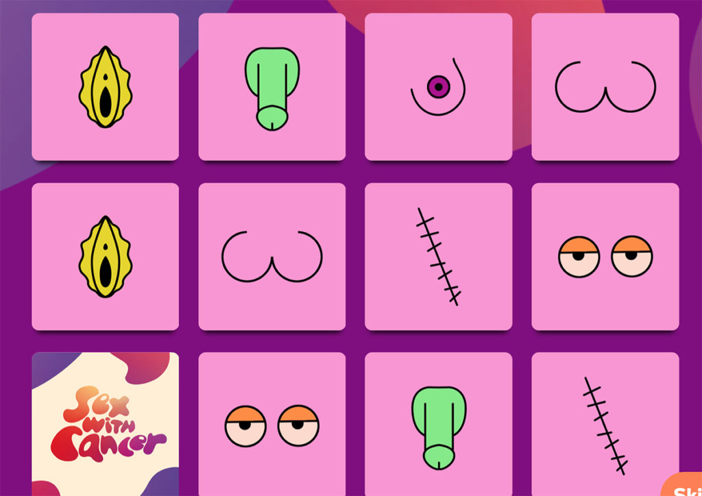 A graphic image of a memory game, with 12 tiles, each with an image of a colourful body part: breast, butt, vulva, penis, scar and tired eyes. One tile remains unturned.